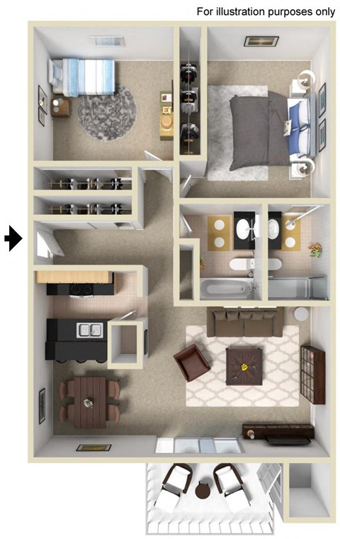 Floor plan for 2 beds, 2 baths, 1012 sqft
